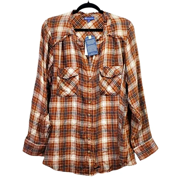 Democracy Size 1X- NWT Brown Plaid Button-Up Shirt - Picture 3 of 6